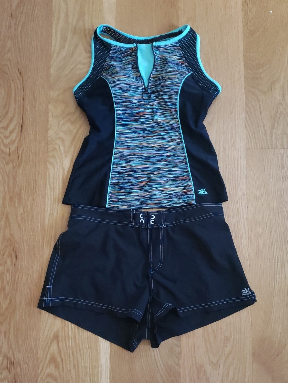 ZEROXPOSUR Black Swim Tank and Shorts with Aqua Trim